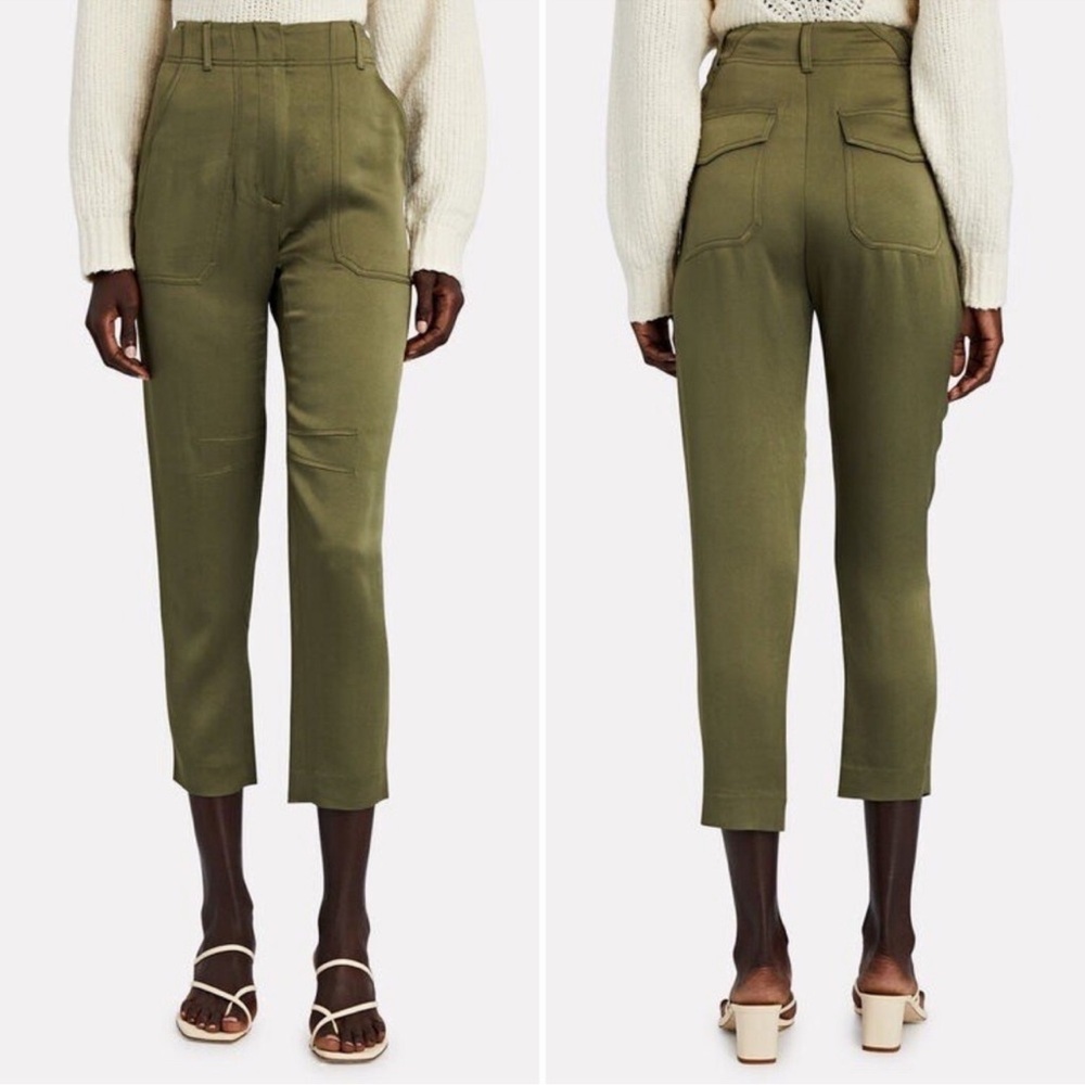 Veronica Beard Miranda Trousers Size 10 Olive Green High Rise Satin Relaxed Chic